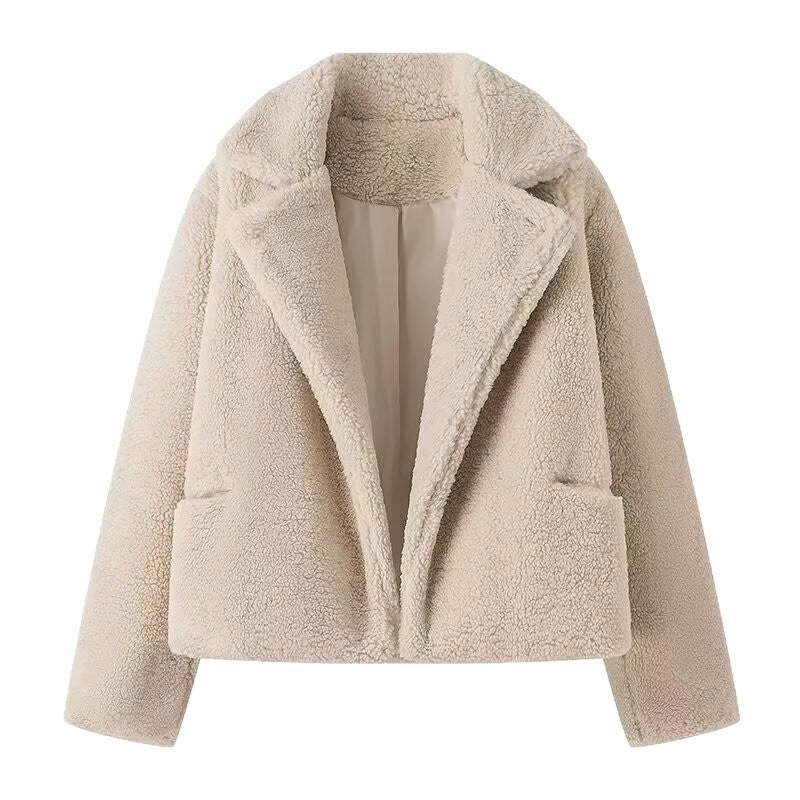 Damen Kurzer Kunstfell-Teddy-Blouson mit breitem Reverskragen Echo Archiv