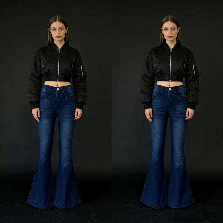 Damen nan High‑Waist Schlagjeans mit modellierender Hüftform, verstärkten Beinnähten und extra weitem Trompetenbein Echo Archiv