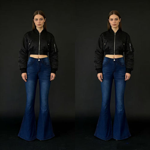 Damen nan High‑Waist Schlagjeans mit modellierender Hüftform, verstärkten Beinnähten und extra weitem Trompetenbein Echo Archiv