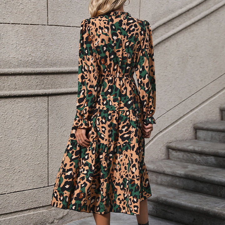 Damen Wickel-Midikleid mit Leopardenmuster, Stufenrock und elastischer Taillenpassform Echoarchiv
