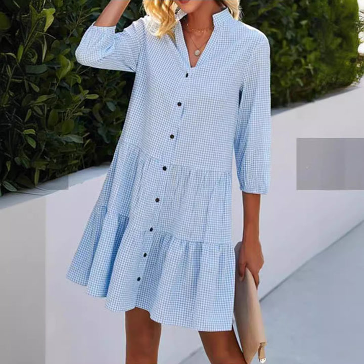 Damen Hemdkleid im Vichy-Karo mit Stehkragen und gestuftem Rock – Lunéa