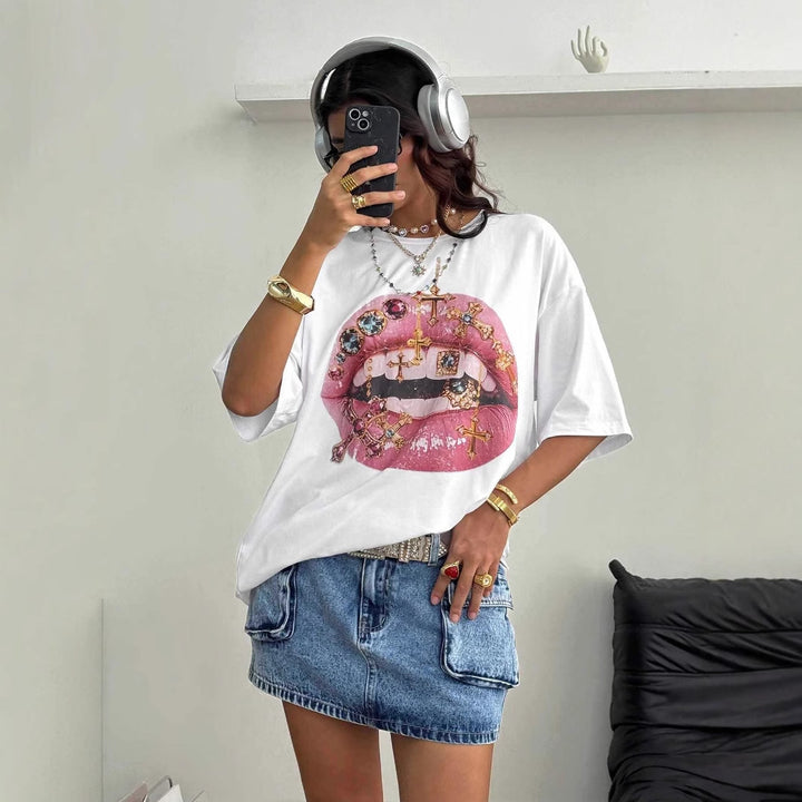 Damen Oversized T-Shirt mit kreativem Lippen- und Schmuckdesign Echo Archiv