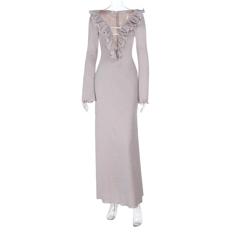 Damen elegantes Maxikleid mit Rüschendetail und transparentem Einsatz Echo Archiv