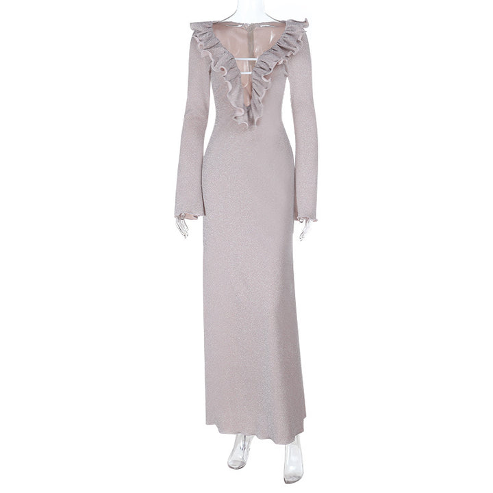 Damen elegantes Maxikleid mit Rüschendetail und transparentem Einsatz Echo Archiv