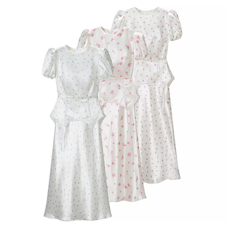 Damen Midikleid aus Satin mit Puffärmeln, integrierter Korsagen-Peplum und zartem Blumenprint Echo Archiv