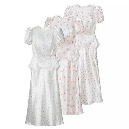 Damen Midikleid aus Satin mit Puffärmeln, integrierter Korsagen-Peplum und zartem Blumenprint Echo Archiv