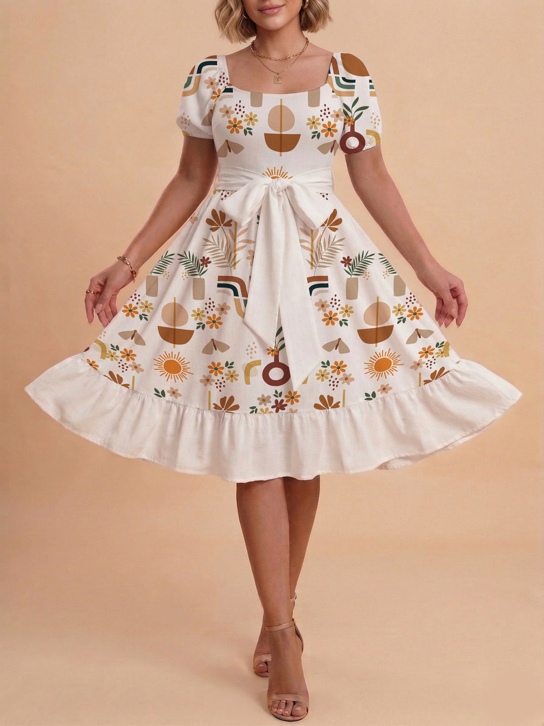 Damen Sommerliches Blumenkleid mit taillierbarem Gürtel und voluminösen Ärmeln Echo Archiv