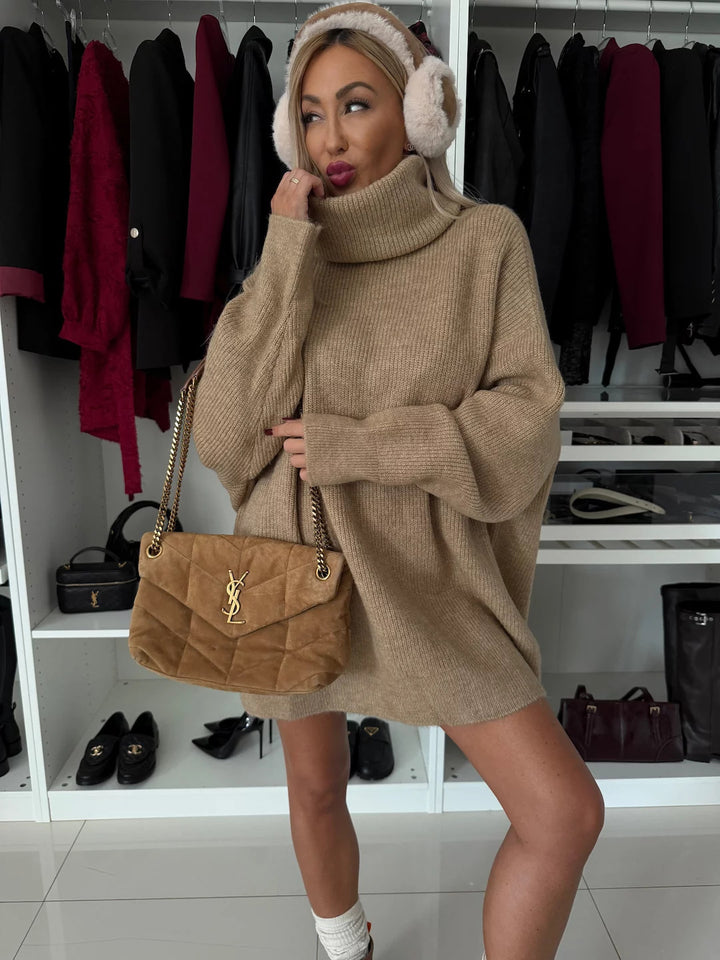 Damen Lässiges Oversized Strick-Minikleid mit hohem Rollkragen und Ballonärmeln – Élara