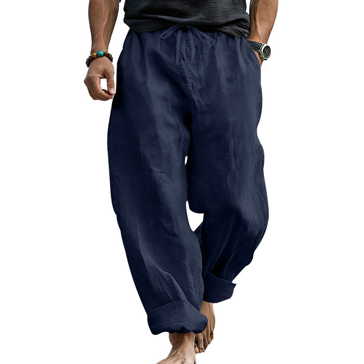 Herren Locker geschnittene Leinen-Loungehose mit Kordelzug, Umschlagsaum und Taschen – Sorevano