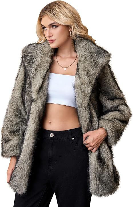 Damen Kurzer Faux‑Fur‑Mantel mit weitem Schalkragen, offener Front und Eingrifftaschen Echo Archiv