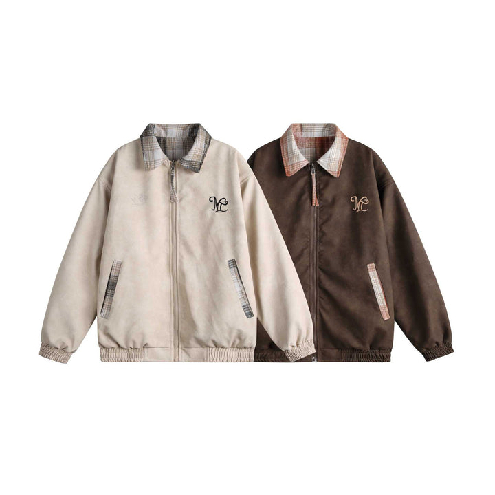 Damen Kurz geschnittene Boxy‑Jacke aus Wildleder‑Optik mit kariertem Kragen und elastischem Saum Echoarchiv
