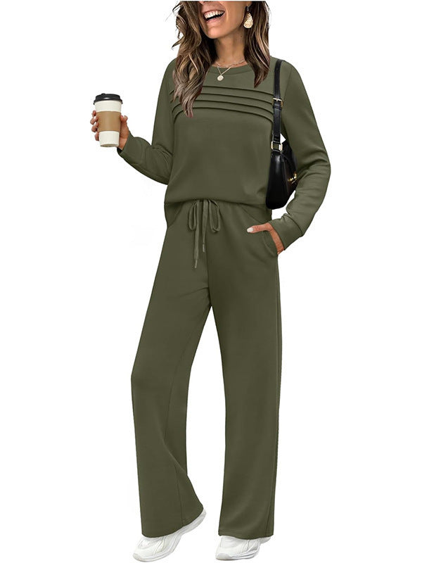 Damen Zweiteiliges Lounge-Set mit Plissee-Detail, Rundhals-Sweatshirt und weitem Kordel-Hose – Élanora
