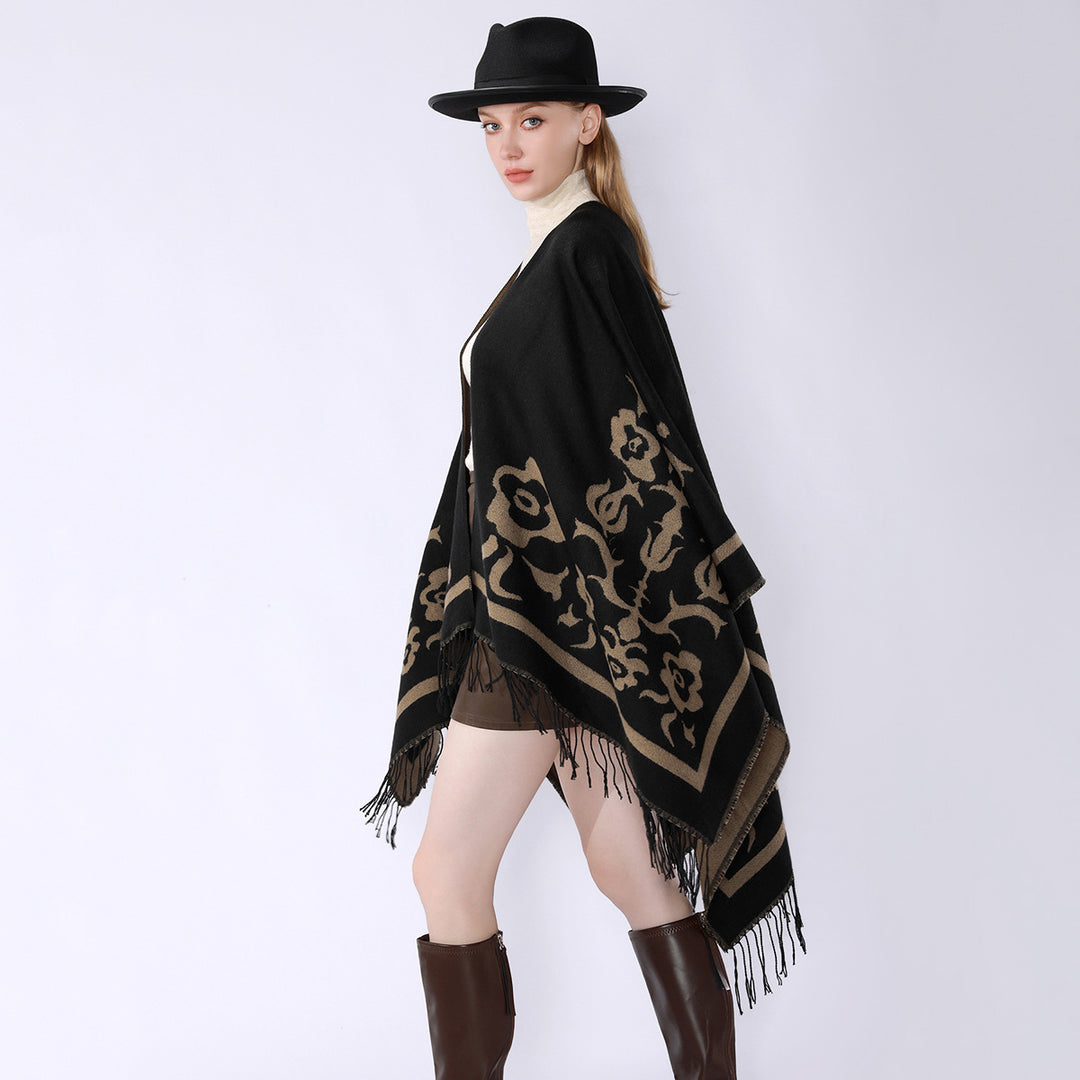 Damen Umhangponcho mit floralen Jacquard-Panels und Fransensaum – Célinea
