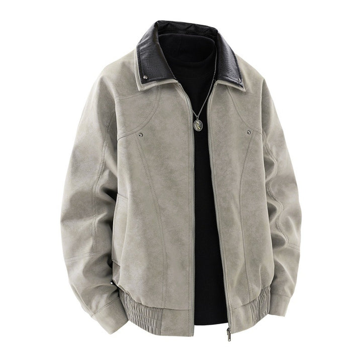 Herren Nano-Velours-Look Bomberjacke mit Kontrastkragen aus strukturiertem Kunstleder und elastischem Saum – Brevano