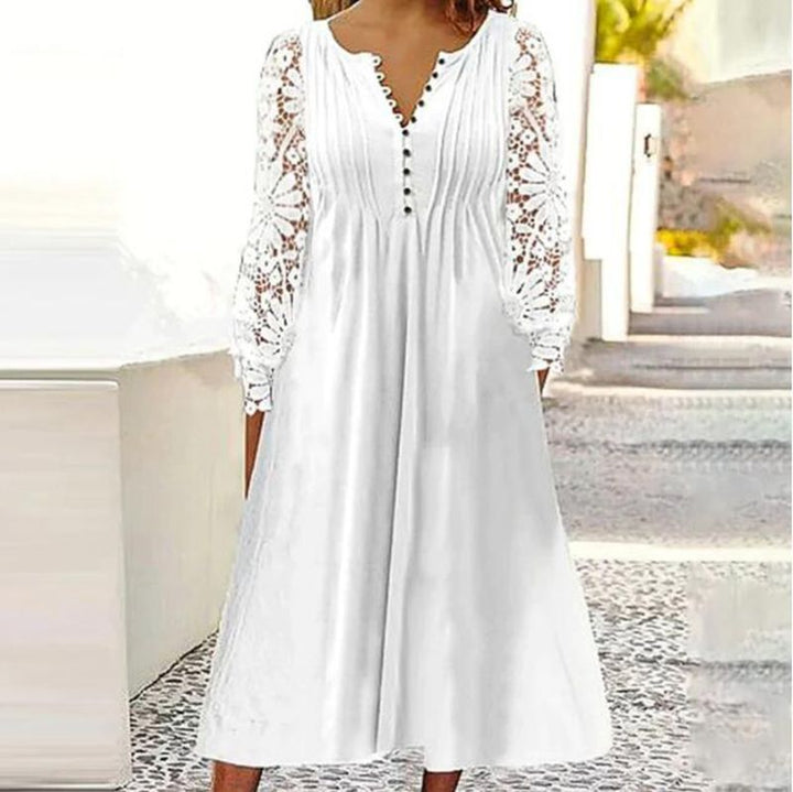 Damen nan wadenlanges A-Linien-Sommerkleid mit gehäkelten Langärmeln, Biesenoberteil und Zierknopfleiste Echo Archiv
