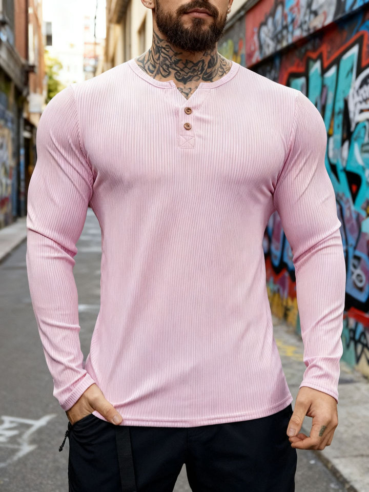 Herren nan geripptes Langarm-Henleyshirt mit flacher Knopfleiste und körperbetonter Stretch-Passform Echo Archiv