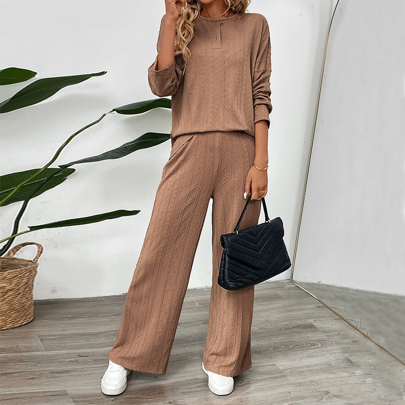 Damen Zweiteiliges Strick-Loungewear-Set mit Wide‑Leg-Hose und Henley-Oberteil Echoarchiv