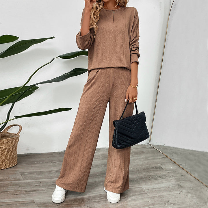 Damen Zweiteiliges Strick-Loungewear-Set mit Wide‑Leg-Hose und Henley-Oberteil Echoarchiv