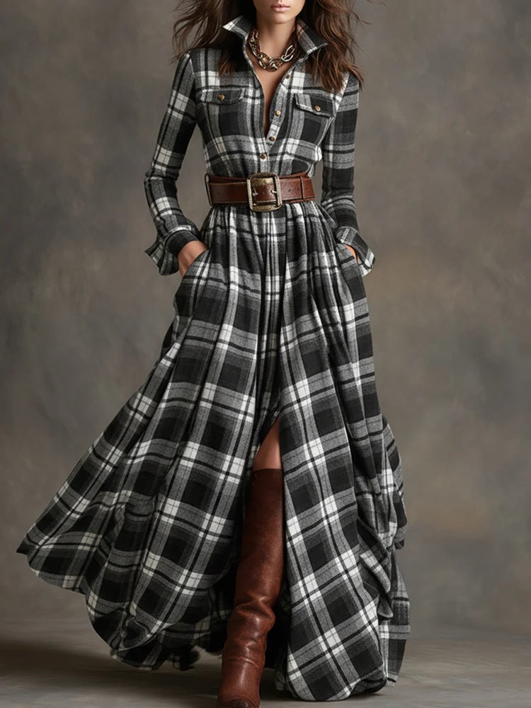 Damen nan karierte Maxikleid Hemdblusenkleid mit ausgestelltem Rock und breitem Taillengürtel Echo Archiv