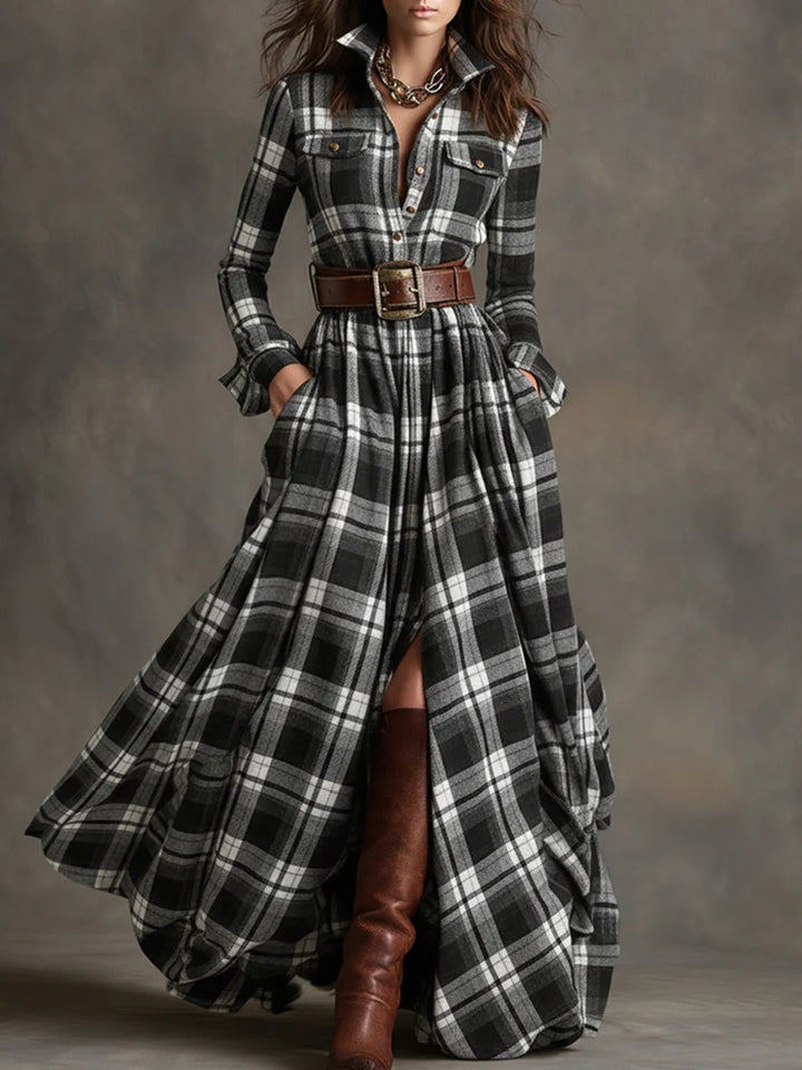 Damen nan karierte Maxikleid Hemdblusenkleid mit ausgestelltem Rock und breitem Taillengürtel Echo Archiv