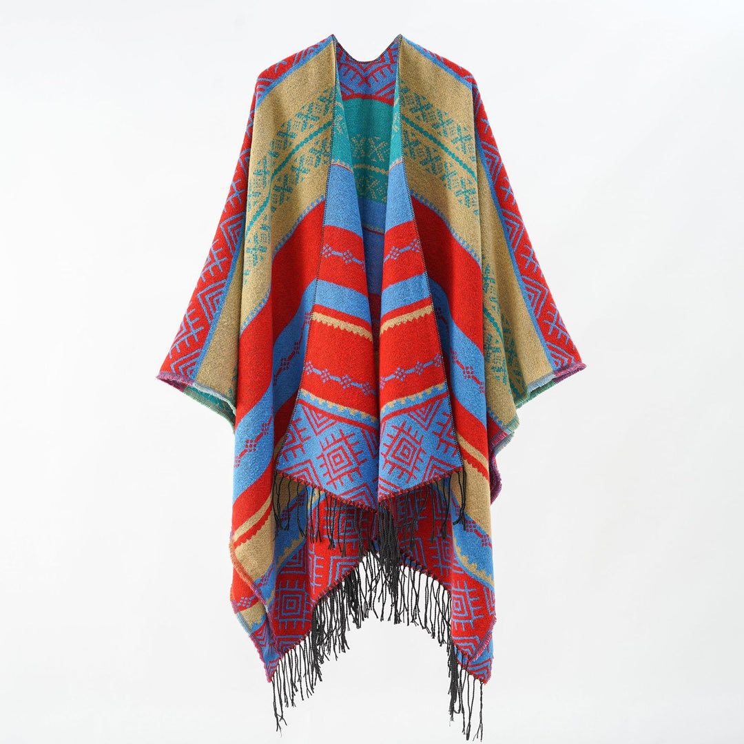 Damen Woven Jacquard-Poncho mit geometrischem Ethno-Muster und Fransensaum Echo Archiv