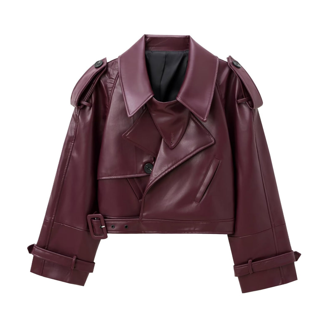 Damen nan cropped Kunstleder-Trench mit Schulterklappen, taillierendem Gürtel und verstellbaren Manschetten Echo Archiv