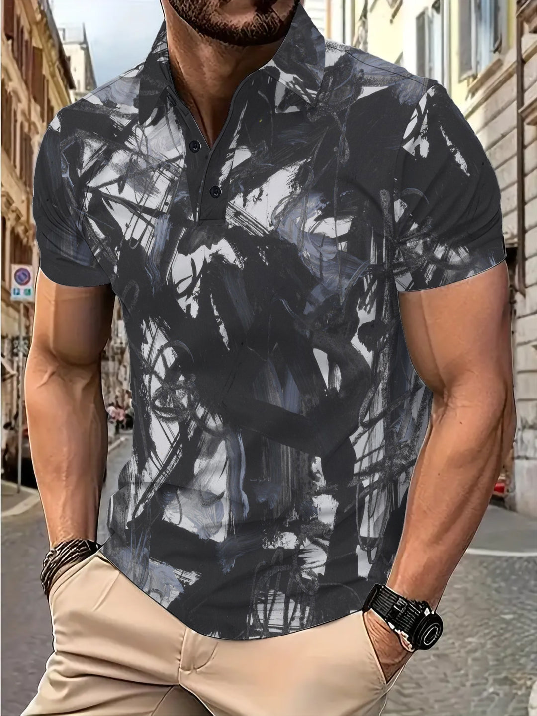 Herren Poloshirt mit kreativen Pinselstrich-Muster Echoarchiv