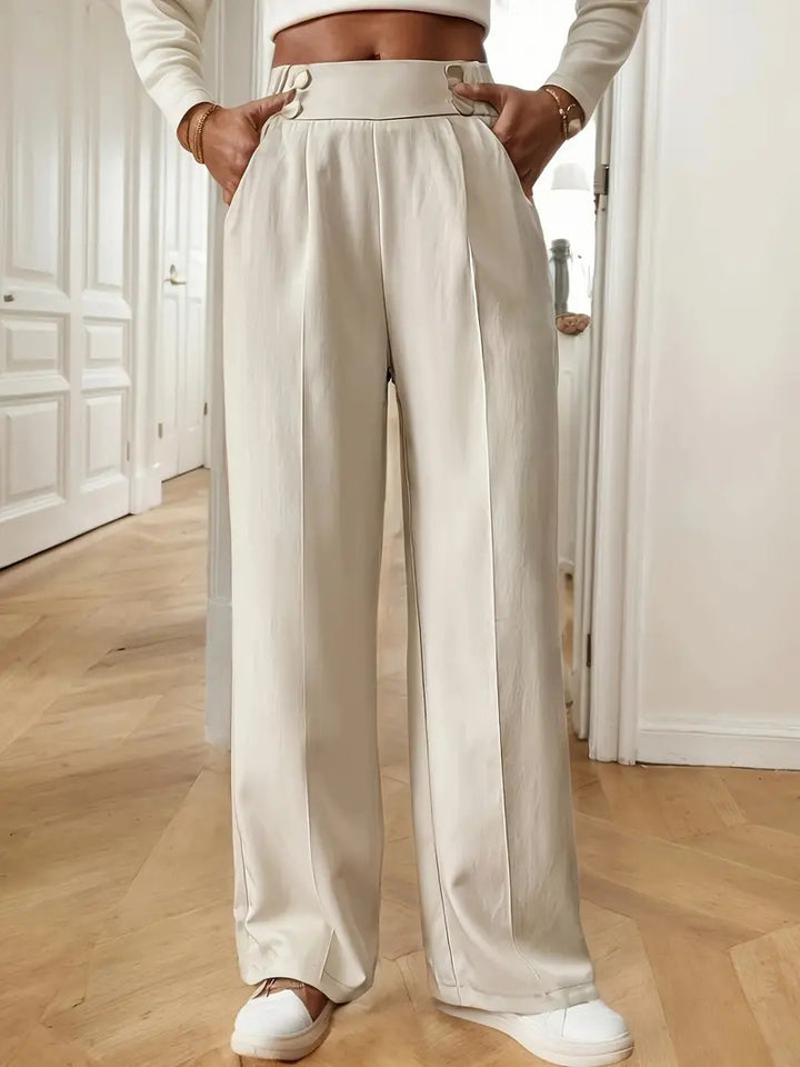 Damen Hochtaillierte Weite Palazzo‑Hose mit Bundknöpfen, Bügelfalte und Eingrifftaschen Echoarchiv