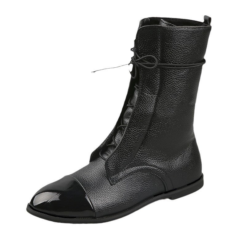 Damen Lederoptik-Schnürstiefelette mit glänzender Zehenkappe und niedrigem Blockabsatz Echo Archiv