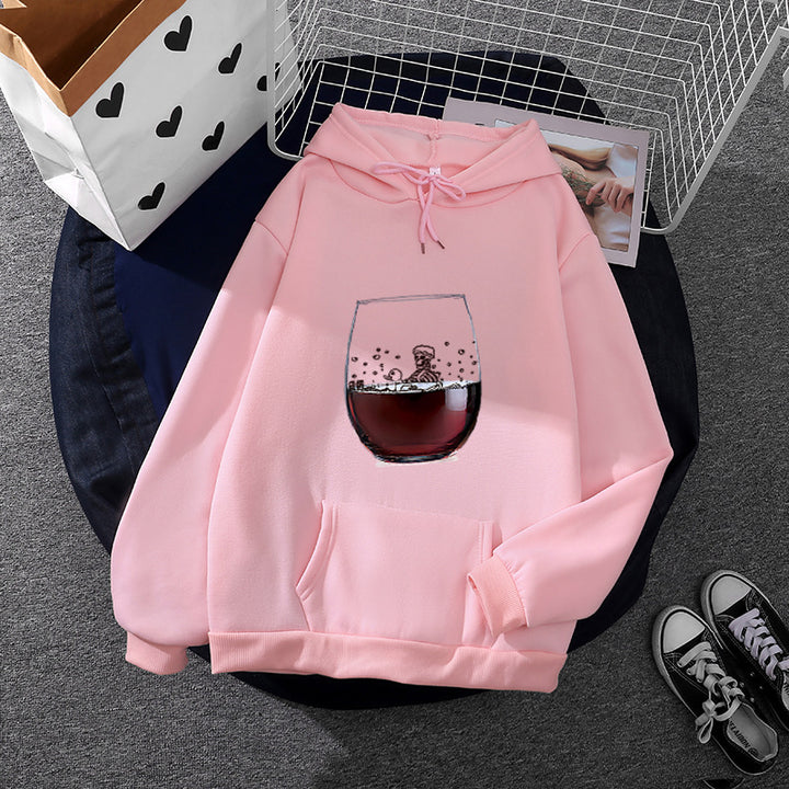 Damen lässiger Kapuzenhoodie mit fotorealistischer Weinglas‑Grafik, Kängurutasche und weichem Fleece – Auréline