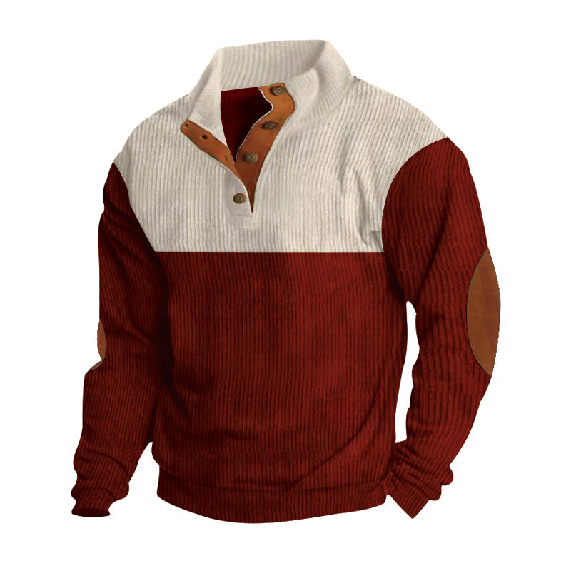 Herren nan Rippenstrickpullover mit Stehkragen Knopfleiste und Leder-Ellbogenpatches Echo Archiv