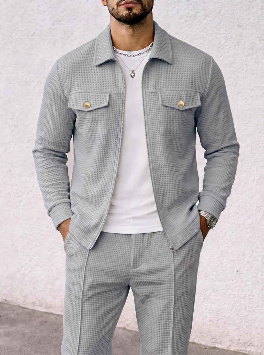 Herren strukturierte Overshirt-Jacke mit Waffelstruktur, Pattentaschen und verdecktem Reißverschluss – Taviero