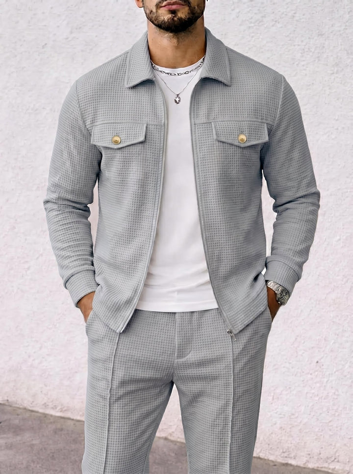 Herren strukturierte Overshirt-Jacke mit Waffelstruktur, Pattentaschen und verdecktem Reißverschluss – Taviero