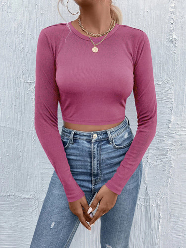 Damen figurnahes geripptes Crop-Longsleeve mit Rundhalsausschnitt und formstabiler Stretchfaser – Avérine