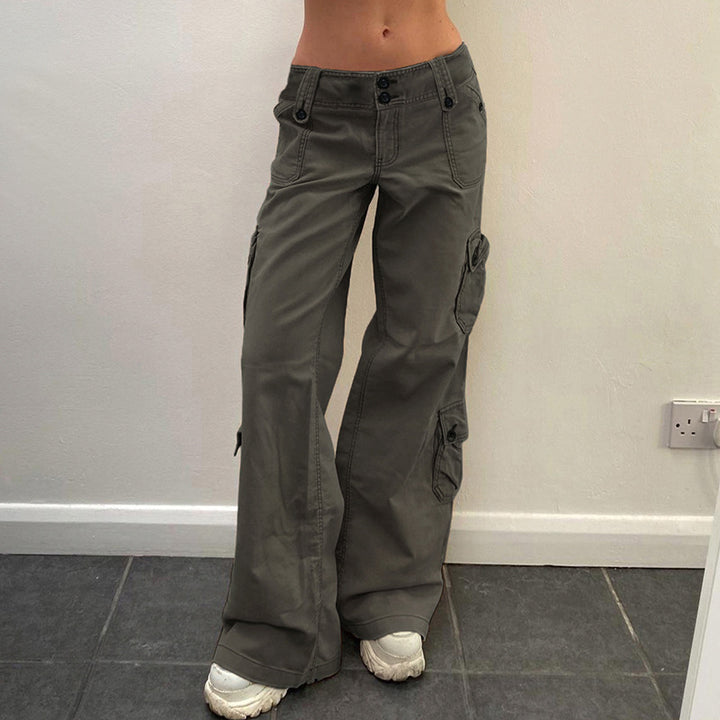 Damen nan hohe Taille Cargo-Hose mit geradem Bein, mehrfachen Klappentaschen und markanten Knopfdetails Echo Archiv
