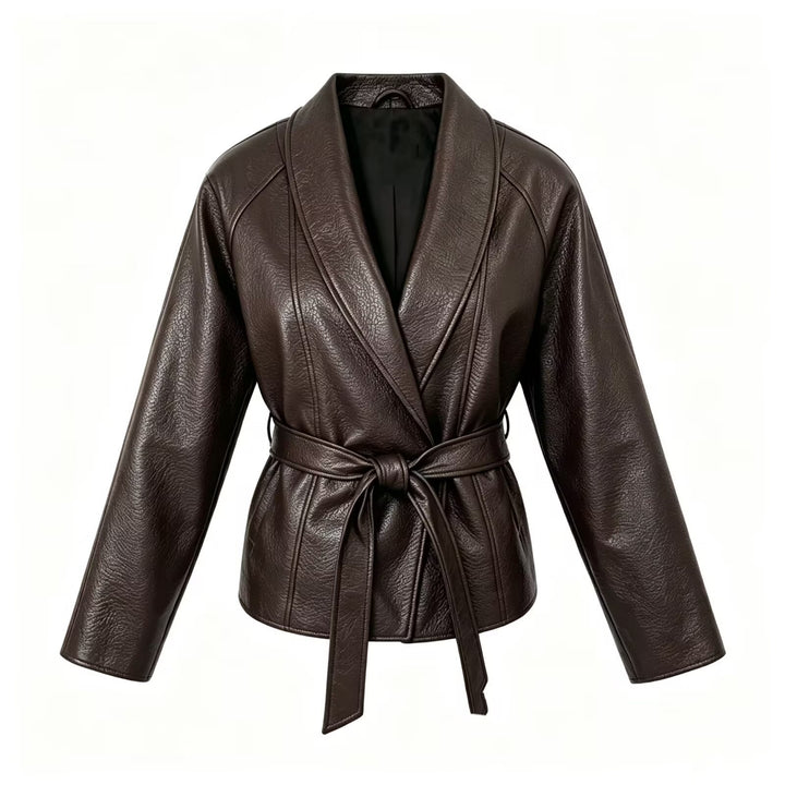 Damen Taillierte Kunstlederjacke mit Schalkragen und Bindegürtel Echo Archiv