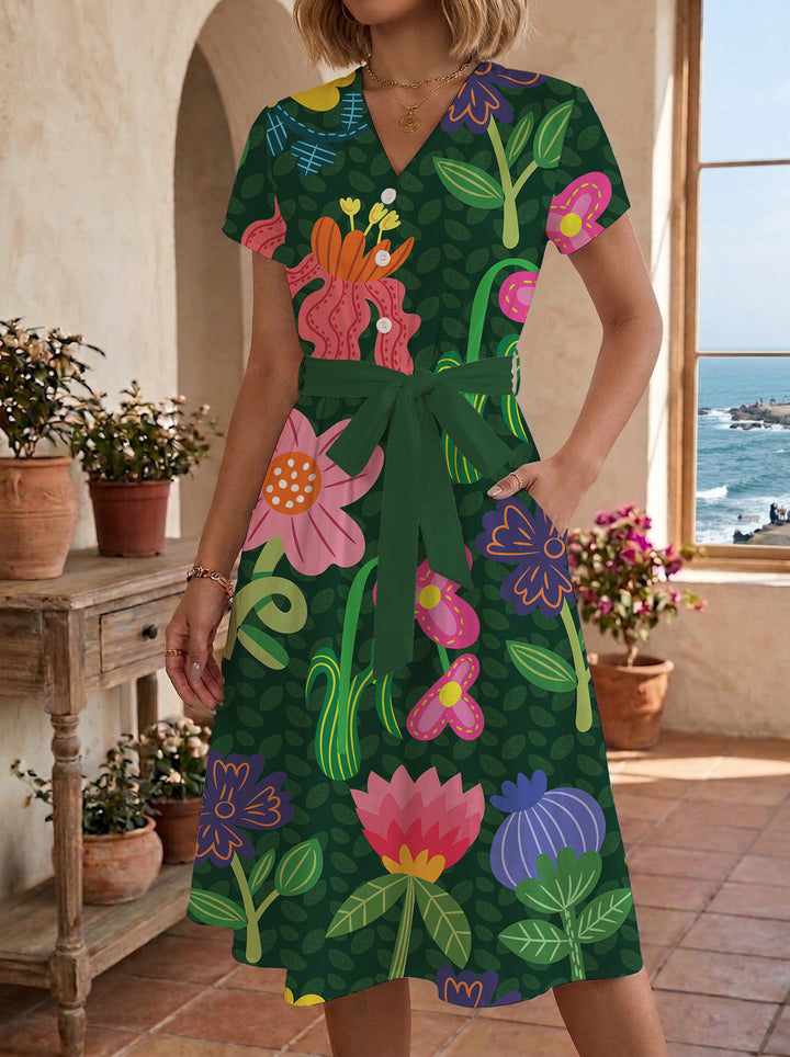Damen Midikleid mit floralem Muster und Taillengürtel Echo Archiv