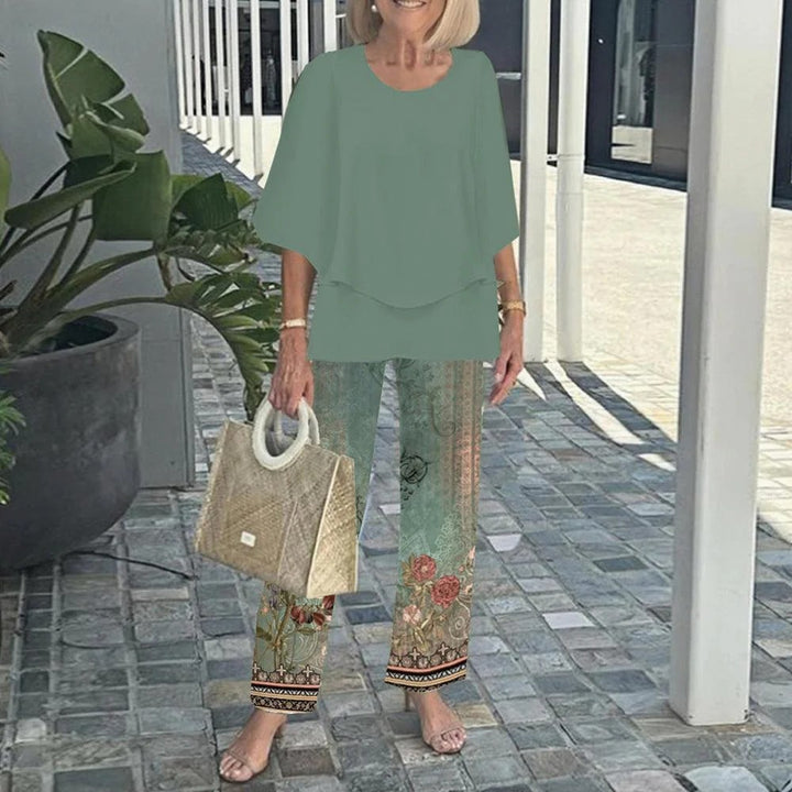 Damen nan Lagen-Tunika mit Cape-Ärmeln und knöchellanger Geradebeinhose mit Grafikprint Echo Archiv