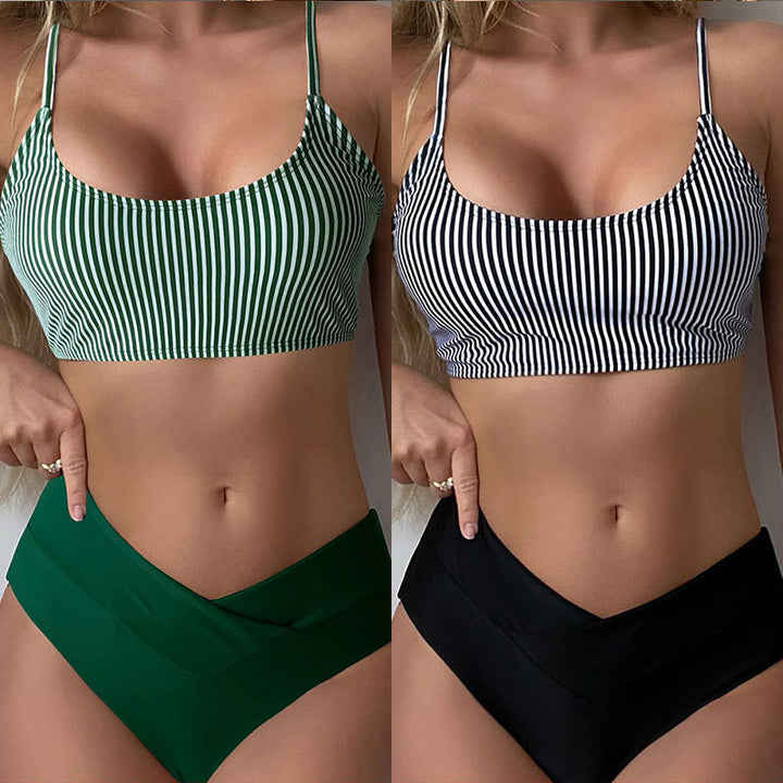 Damen Bikini-Set mit lässigem Streifenoberteil und hochgeschnittenem Slip Echo Archiv