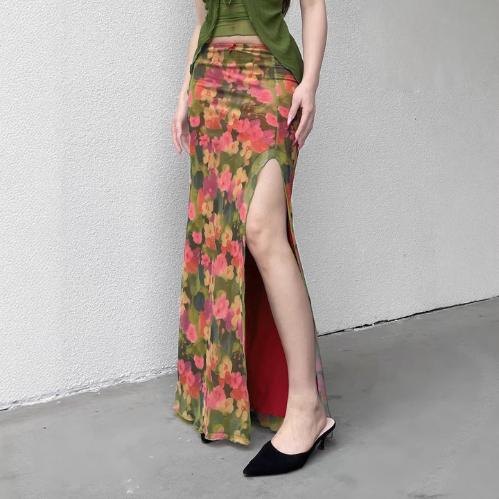 Damen Maxirock mit Chiffon-Overlay, floraler Allover-Print und hohem Seitenschlitz Echo Archiv
