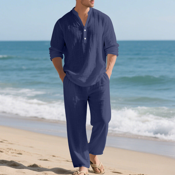 Herren komfortables Homewear-Set mit eleganter Knopfleiste und langen Hosen Echoarchiv