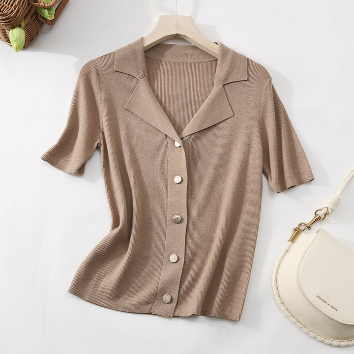 Damen Kurzarm-Rippenstrick-Cardigan mit Reverskragen und Zierknopfleiste Echo Archiv