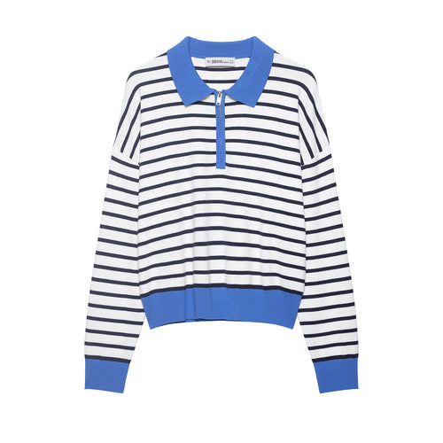 Damen Gestreiftes Cropped Strickpolo mit halbem Reißverschluss und breitem Rippbund Echoarchiv