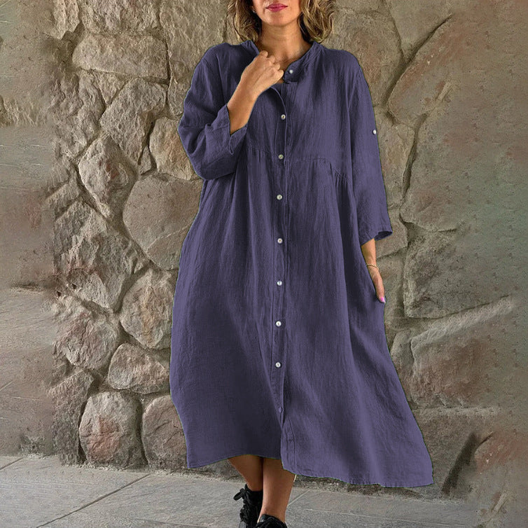 Damen Locker Midi Kleid aus Leinenmischung mit durchgehendem Knopfleiste und Seitentaschen – Élara