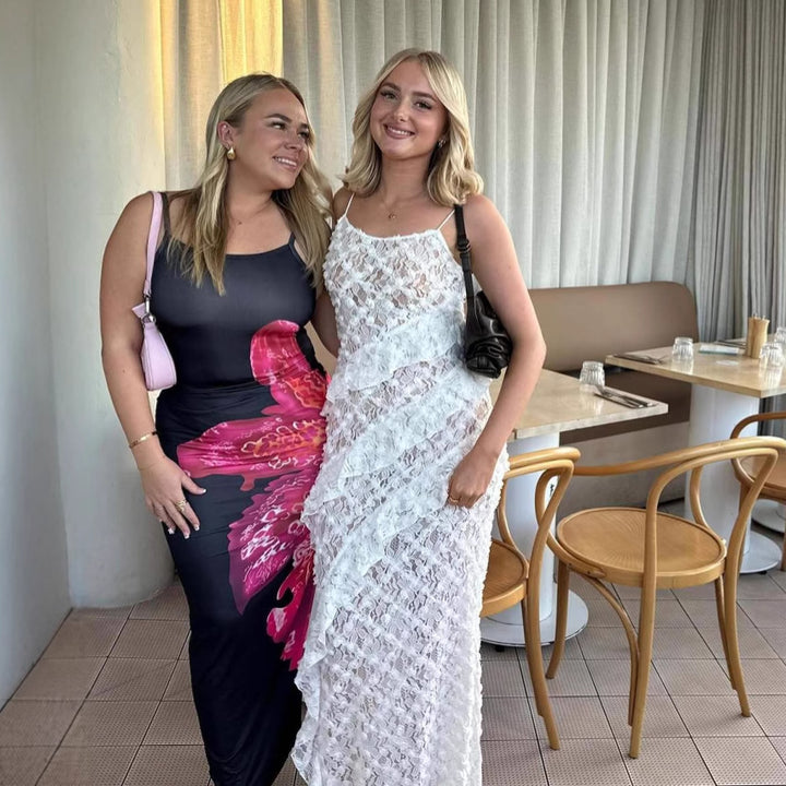 Damen Elegantes Spitzen-Maxikleid mit asymmetrischen Drapierungen Echo Archiv