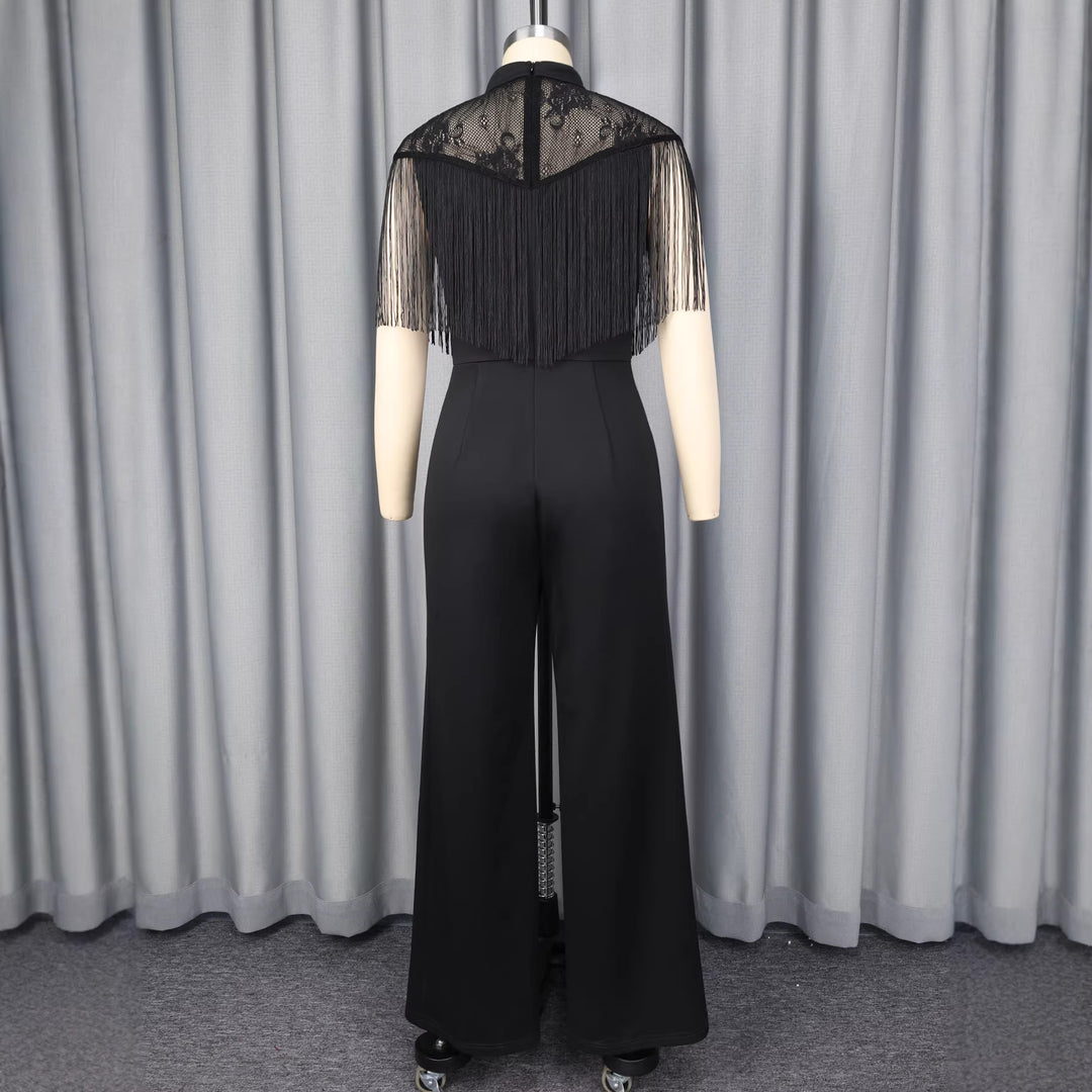 Damen Eleganter Jumpsuit mit schickem Fransen und Spitzenakzenten Echo Archiv