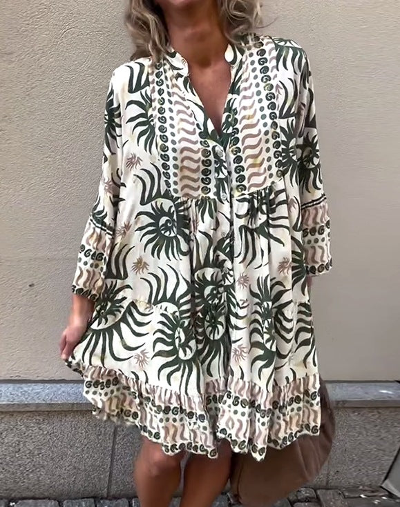 Damen nan locker geschnittenes Boho-Tunikakleid mit V-Ausschnitt geraffter Empire-Naht und Volant-Saum Echo Archiv