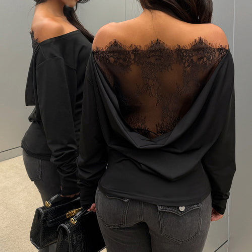 Damen Drapiertes Langarm-Top mit tiefem Wasserfall-Rücken und feinem Spitzen-Backpanel Echo Archiv