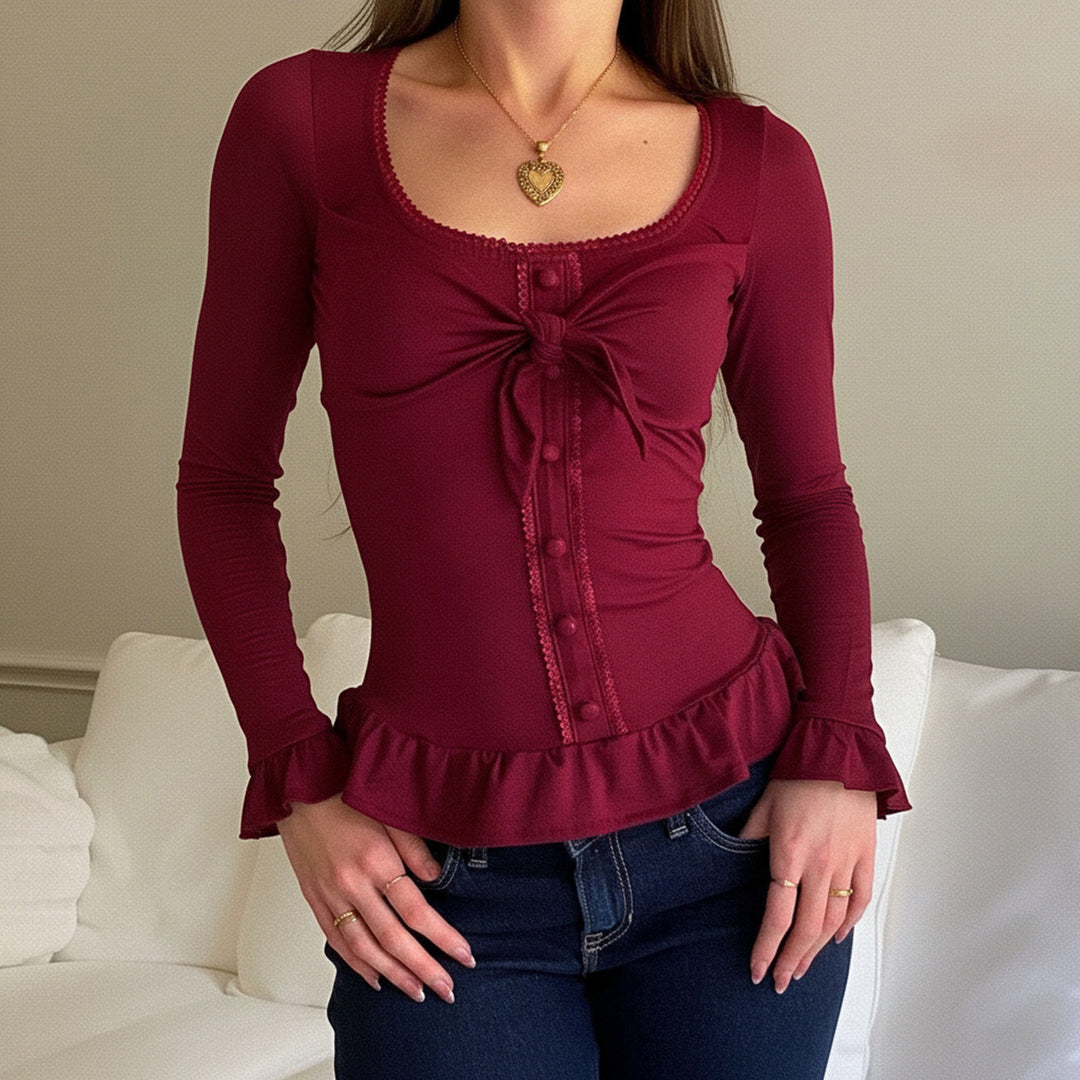 Damen Tailliertes Langarm-Cropped-Top mit Zierschleife, Knopfleiste und Volantbund Echo Archiv