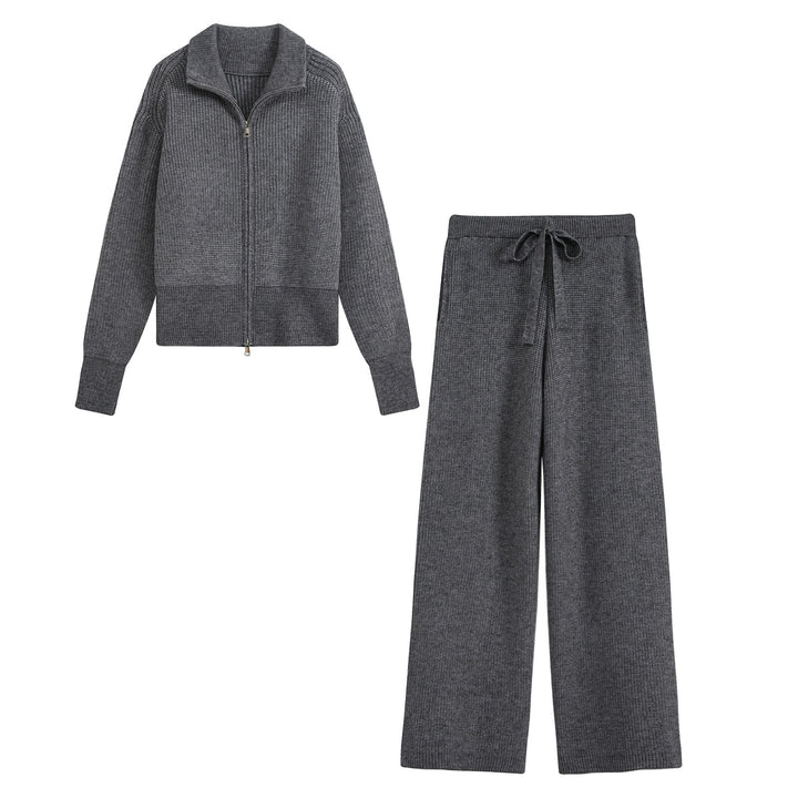 Damen Feinstrick‑Loungewear‑Set mit Stehkragen‑Zippjacke und weiten Palazzo‑Strickhose Echo Archiv
